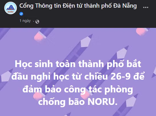 Học sinh Đà Nẵng được nghỉ học từ chiều 26/9. Ảnh: Cổng thông tin Điện tử thành phố Đà Nẵng. Học sinh Đà Nẵng được nghỉ học từ chiều 26/9. Ảnh: Cổng thông tin Điện tử thành phố Đà Nẵng.