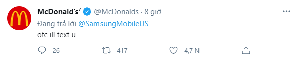 Chưa hết, admin của McDonald's cũng nhanh chóng "bắt kèo" fangirl khi bảo sẽ nhắn tin cho Samsung US. BTS cũng đang là Đại diện của Samsung. Chưa hết, admin của McDonald's cũng nhanh chóng "bắt kèo" fangirl khi bảo sẽ nhắn tin cho Samsung US. BTS cũng đang là Đại diện của Samsung.