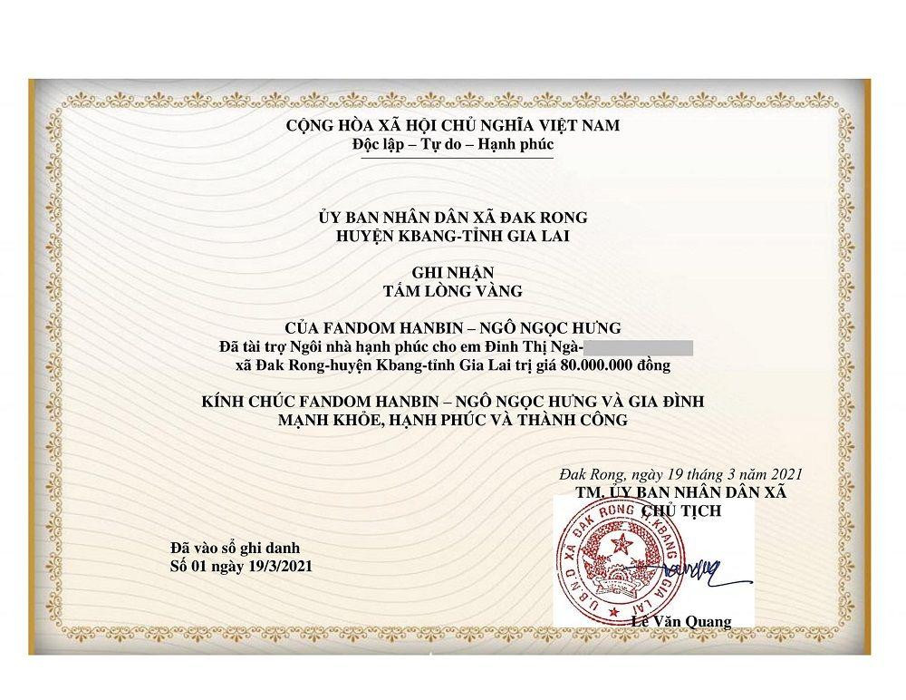 Giấy chứng nhận của UBND xã Đak Rong đối với hoạt động do fandom Hanbin thực hiện. Giấy chứng nhận của UBND xã Đak Rong đối với hoạt động do fandom Hanbin thực hiện.