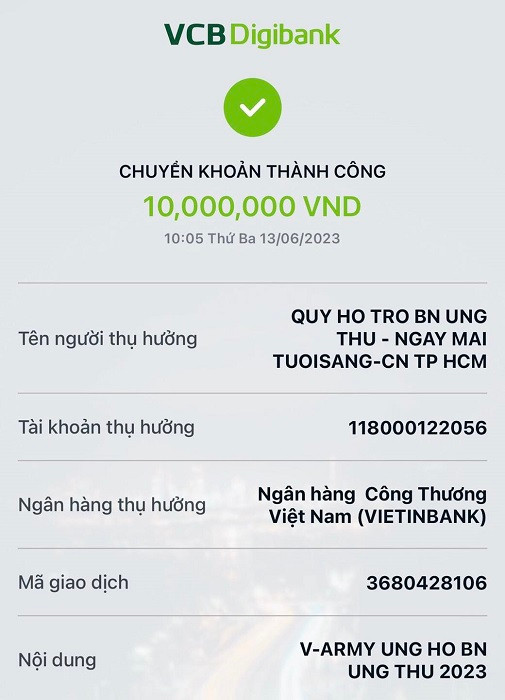 Bên cạnh đó, các V-ARMY còn quyên góp được 10 triệu đồng. Số tiền này sẽ được gửi tới Quỹ Ngày mai Tươi sáng để hỗ trợ các bệnh nhân ung thư. Ảnh: JUSTBangtan