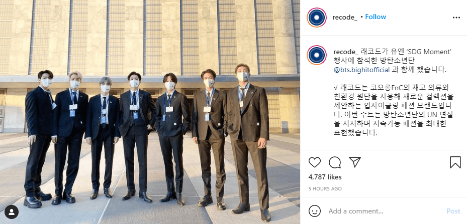 Tài khoản Instagram của RE;CODE đăng ảnh BTS mặc trang phục của hãng.