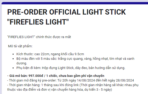 Lightstick này được bán với giá 997K, chưa bao gồm phí vận chuyển. Giá bán này ngang ngửa với lightstick của các idol K-Pop đình đám.