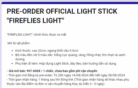 Lightstick này được bán với giá 997K, chưa bao gồm phí vận chuyển. Giá bán này ngang ngửa với lightstick của các idol K-Pop đình đám. Lightstick này được bán với giá 997K, chưa bao gồm phí vận chuyển. Giá bán này ngang ngửa với lightstick của các idol K-Pop đình đám.
