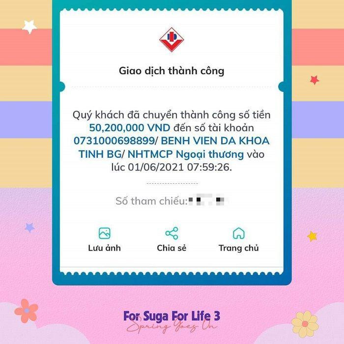 Đại diện For Suga For Life đã chuyển toàn bộ số tiền này đến Bệnh viện Đa khoa tỉnh Bắc Giang để góp phần xây dựng bệnh viện dã chiến. (Ảnh: For Suga For Life) Đại diện For Suga For Life đã chuyển toàn bộ số tiền này đến Bệnh viện Đa khoa tỉnh Bắc Giang để góp phần xây dựng bệnh viện dã chiến. (Ảnh: For Suga For Life)