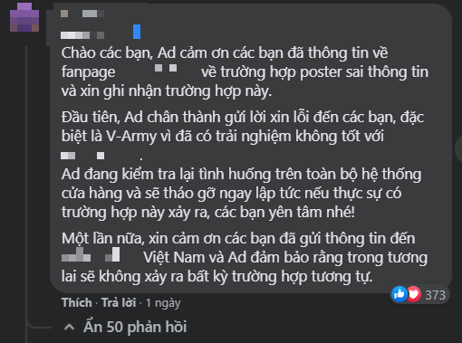 Comment xin lỗi của Admin trên fanpage của hãng vào ngày 27/5. Comment xin lỗi của Admin trên fanpage của hãng vào ngày 27/5.
