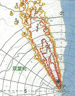 Biểu đồ thể hiện phóng xạ bị phát tán về phía tây bắc lúc 16g ngày 12-3. Ảnh: Mainichi
