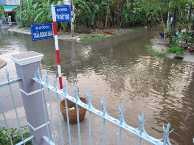 Nhiều tuyến đường khu dân cư phường 5 không thể đi lại vì ngập sâu trong nước