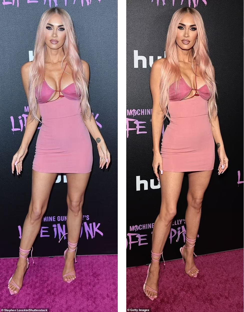 Mái tóc nâu thường thấy đã được thay thế bởi màu hồng nhạt phù hợp với tổng thể. Daily Mail so sánh ngôi sao "Jennifer's Body" như búp bê barbie sống.