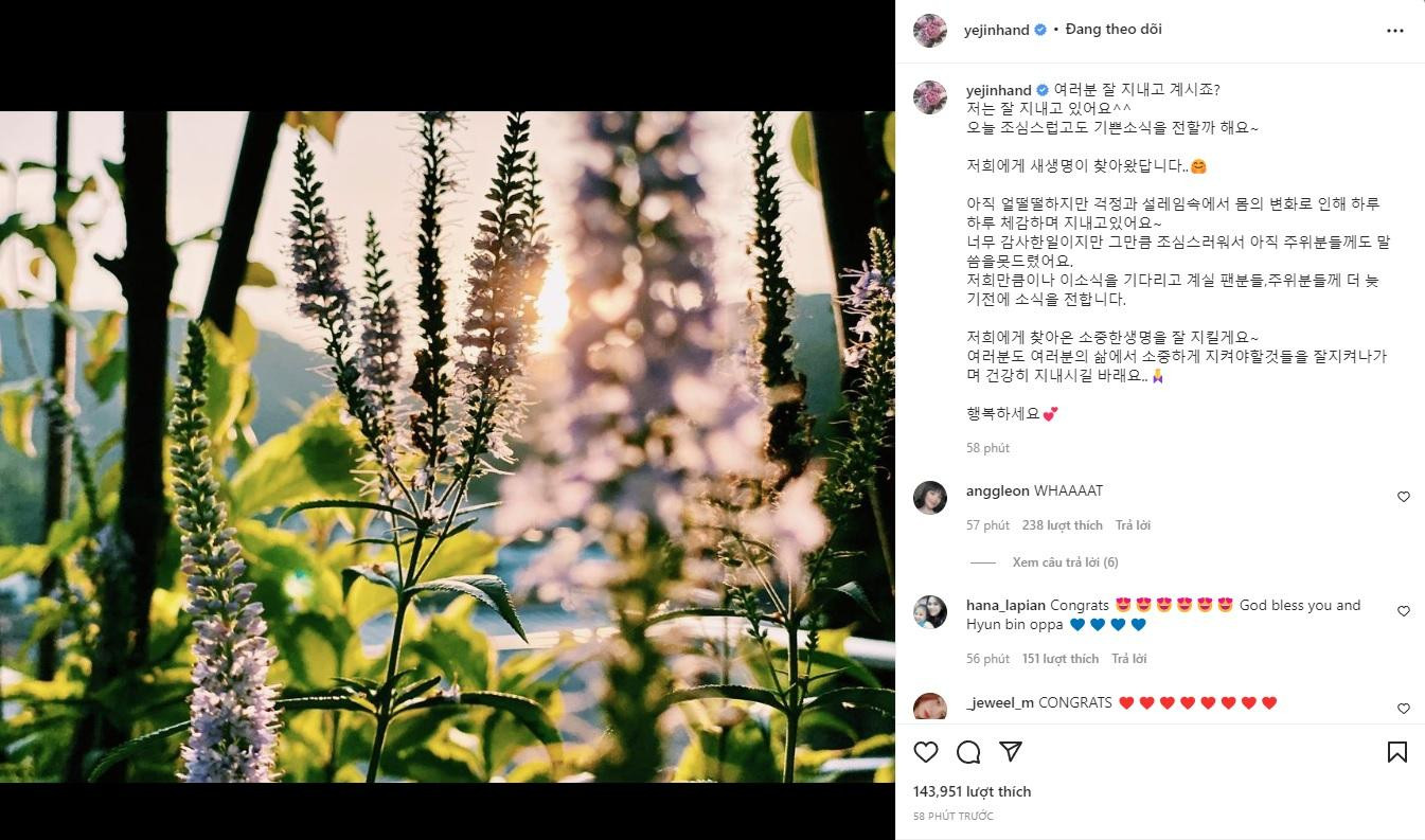 Son Ye Jin báo tin mang thai trên Instagram cá nhân.