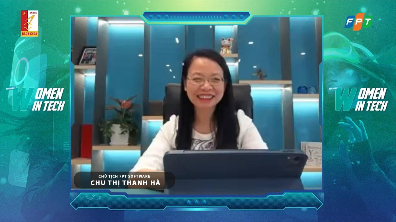 Chủ tịch FPT Software Chu Thị Thanh Hà trong buổi chia sẻ FPT Leader Talk: 'Women In Tech' với sinh viên trường ĐH Bách khoa Hà Nội. Chủ tịch FPT Software Chu Thị Thanh Hà trong buổi chia sẻ FPT Leader Talk: 'Women In Tech' với sinh viên trường ĐH Bách khoa Hà Nội.