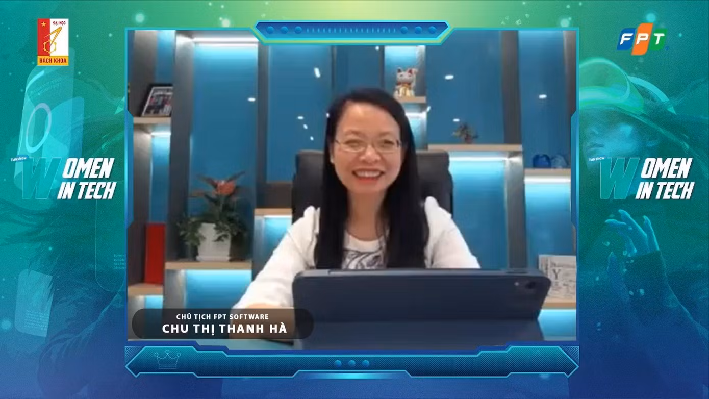 Chủ tịch FPT Software Chu Thị Thanh Hà trong buổi chia sẻ FPT Leader Talk: 'Women In Tech' với sinh viên trường ĐH Bách khoa Hà Nội.