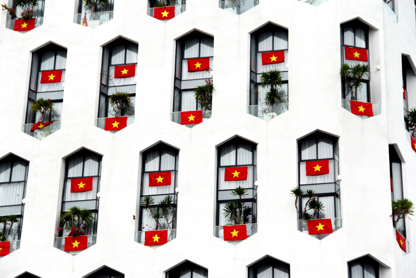 Những lá cờ Tổ quốc được treo ở tất cả các ban công của tòa nhà, tạo ra một hình ảnh nổi bật trong những ngày quốc lễ.