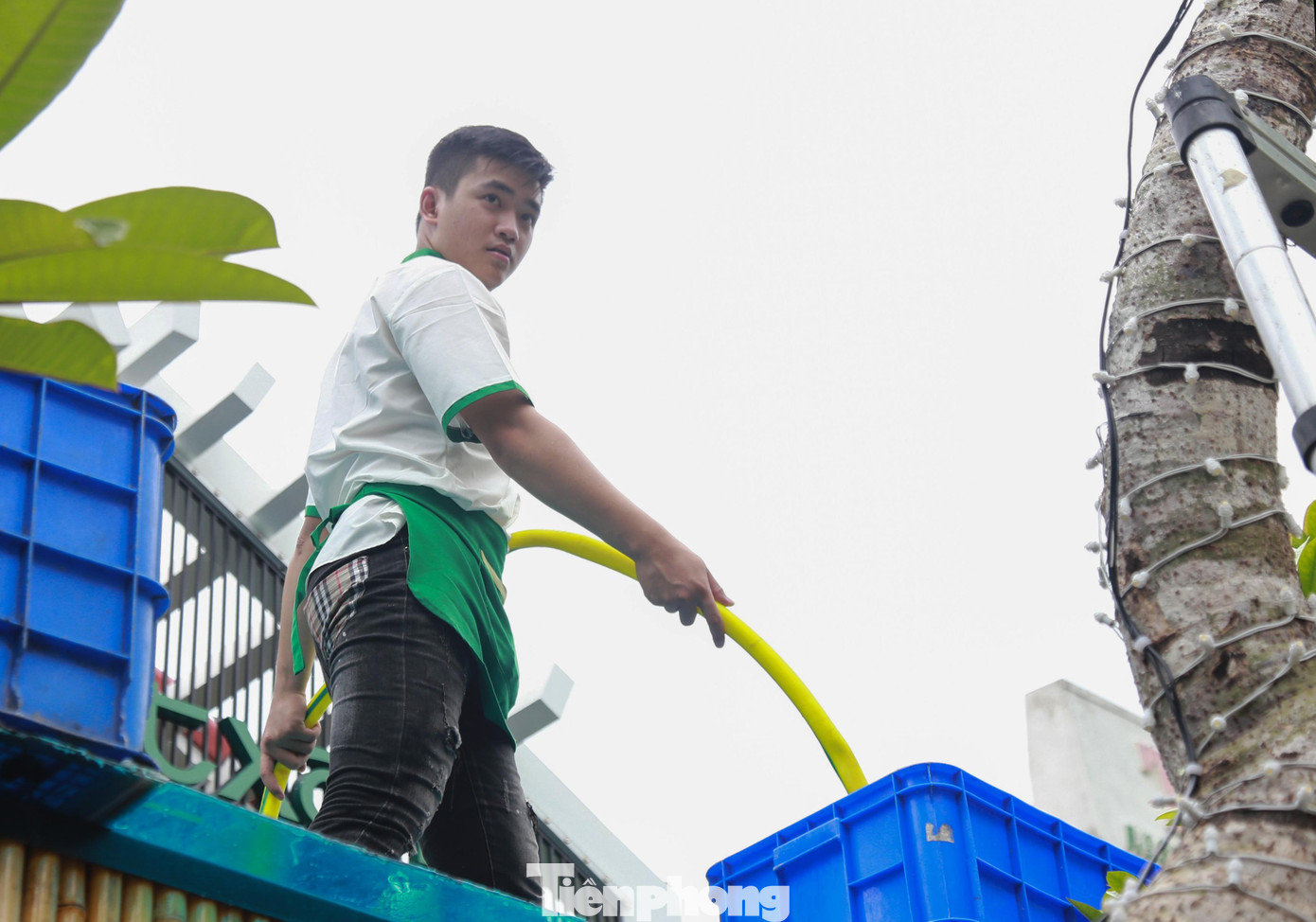 Các nhà hàng dùng những thùng nhựa lớn, bơm đầy nước để chèn mái tôn đề phòng gió lốc.