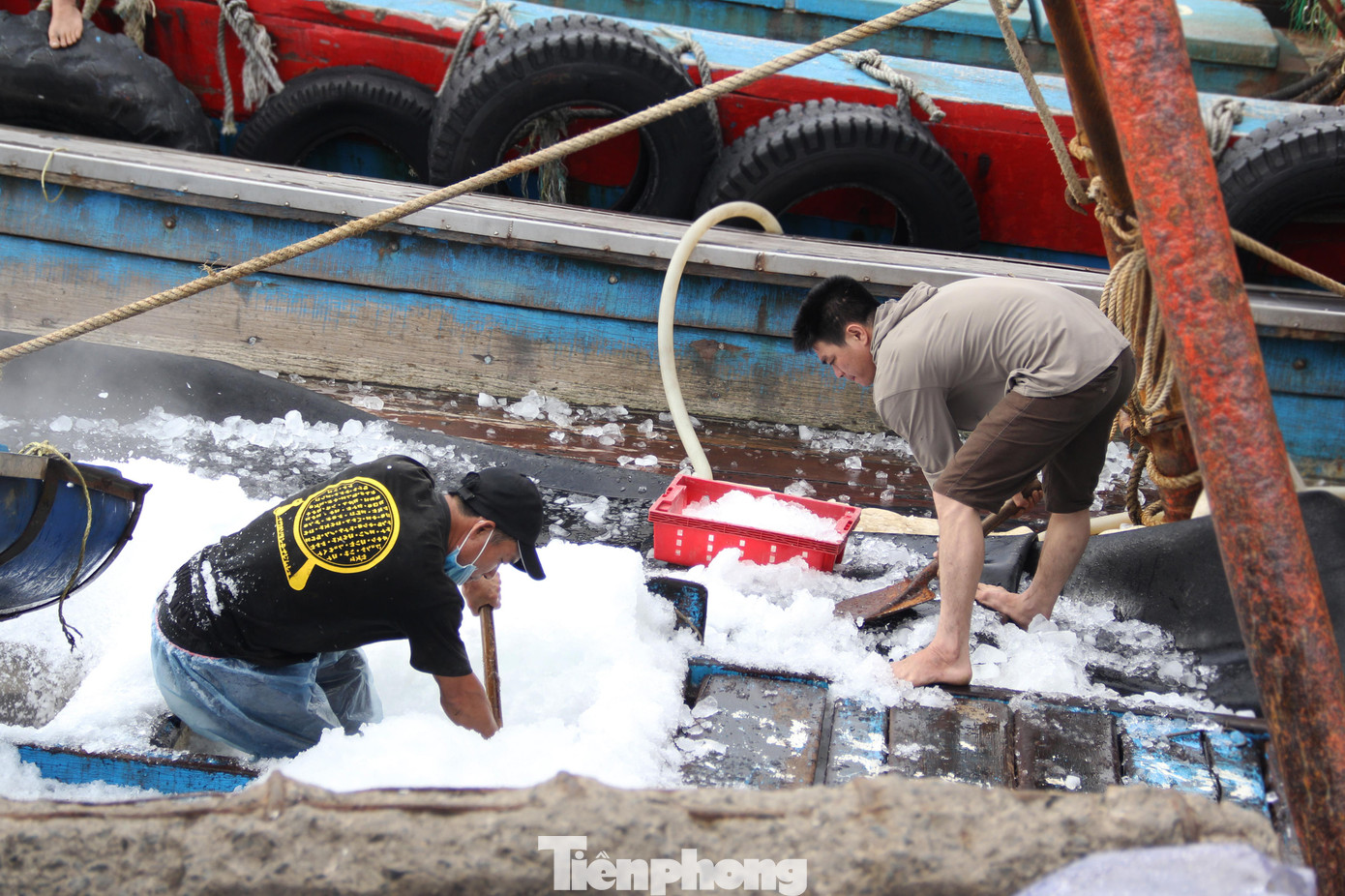 Ở một góc khác của cầu cảng, các thuyền viên cũng đang tất bật chuyển đá, chuyển ngư lưới cụ lên tàu. Những chiếc xe bồn chở dầu cũng tấp nập cập cảng để tiếp nhiên liệu cho các tàu, các xe tải nhỏ chở đầy nước lọc, bình ga, đá... cũng nối đuôi nhau ra vào.