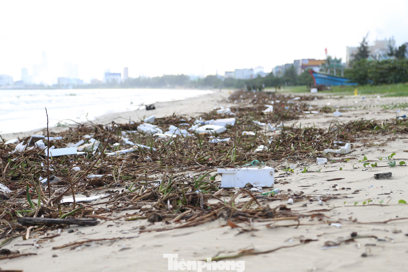 Sau đợt mưa lớn cuối tuần qua, một lượng rác rất lớn theo con sóng tấp vào bãi biển Đà Nẵng. Cành cây, xốp, xác động vật, rác thải nhựa... nằm la liệt dọc bờ biển, bốc mùi hôi khó chịu, ước tính lượng rác khoảng 300 tấn.