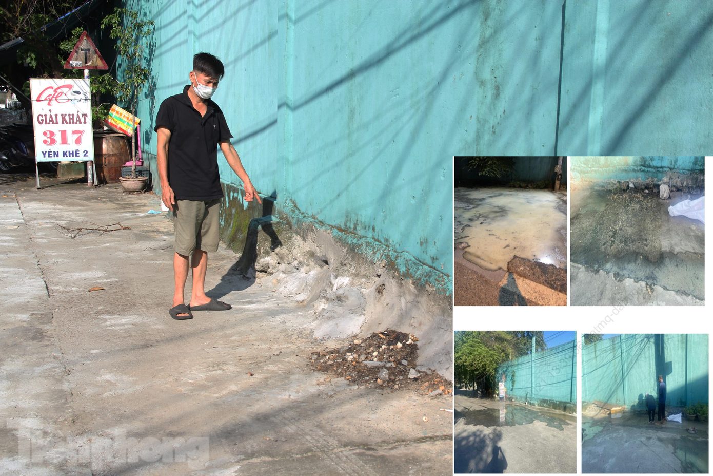 Khu vực chân tường rào Công ty Dệt may 29/3 bị hư hỏng khiến nước thải chảy ra khu dân cư (ảnh nhỏ) đã được trám lại sau khi người dân phản ánh (ảnh lớn) Khu vực chân tường rào Công ty Dệt may 29/3 bị hư hỏng khiến nước thải chảy ra khu dân cư (ảnh nhỏ) đã được trám lại sau khi người dân phản ánh (ảnh lớn)