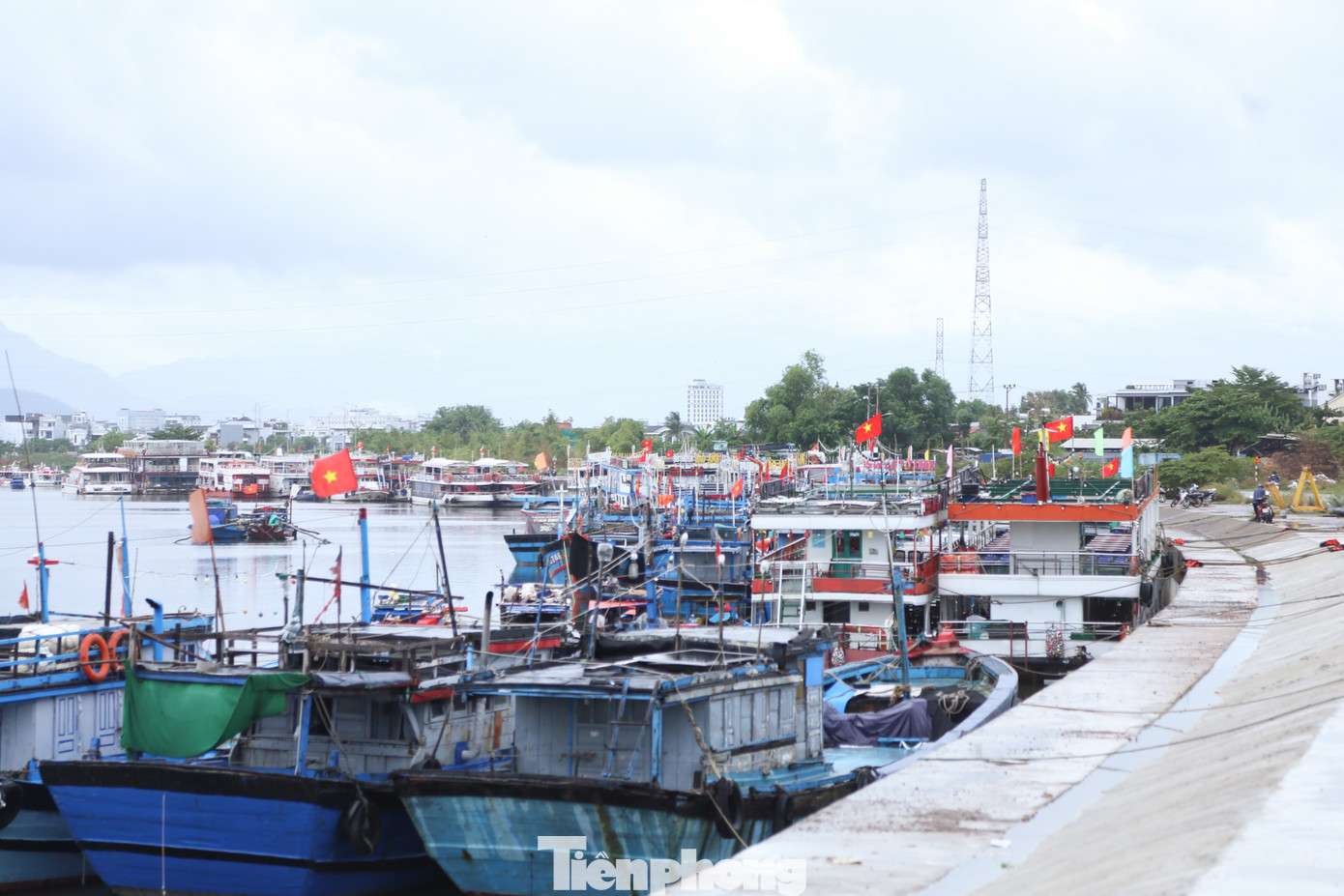 Ghi nhận chiều tối ngày 18/9, tại khu vực bến tàu K20 (quận Ngũ Hành Sơn, Đà Nẵng), hàng chục du thuyền du lịch trên sông Hàn đang nối đuôi nhau neo đậu để tránh trú bão số 4 sắp đổ bộ. Ảnh: Giang Thanh.