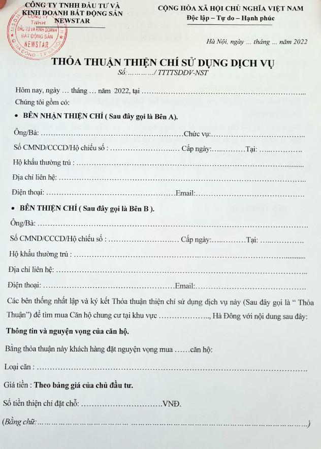 Mẫu Hợp đồng thỏa thuận đặt cọc thiện chí 50 triệu đồng để giữ chỗ mua NƠXH NHS Trung Văn của Công ty TNHH Đầu tư và Kinh doanh bất động sản Newstar được môi giới cung cấp cho PV.