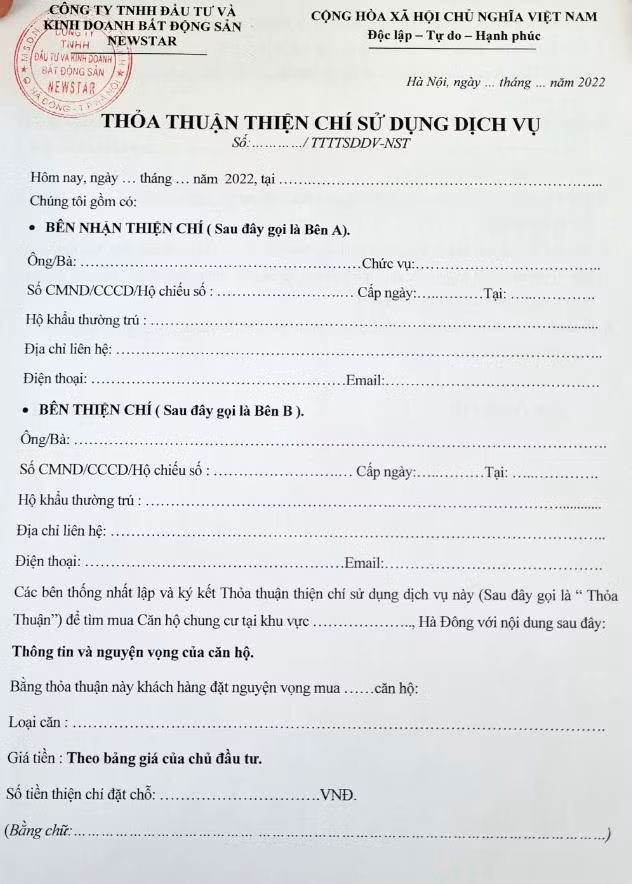 Mẫu Hợp đồng thỏa thuận đặt cọc thiện chí 50 triệu đồng để giữ chỗ mua NƠXH NHS Trung Văn của Công ty TNHH Đầu tư và Kinh doanh bất động sản Newstar được môi giới cung cấp cho PV.