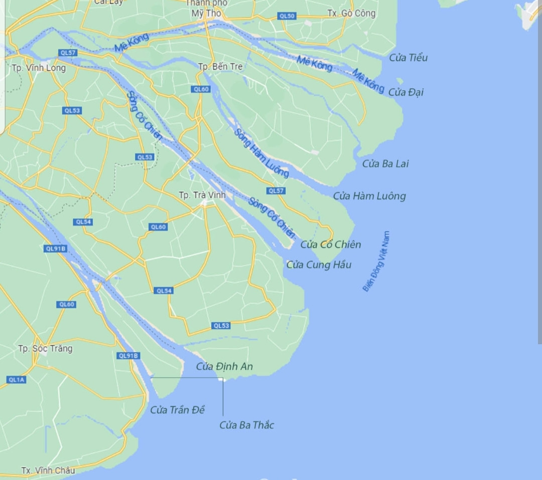 Khi chảy vào lãnh thổ Việt Nam, sông Mekong chia làm hai nhánh sông Tiền, sông Hậu và đổ ra biển qua 9 cửa. Ảnh: chụp từ google maps Khi chảy vào lãnh thổ Việt Nam, sông Mekong chia làm hai nhánh sông Tiền, sông Hậu và đổ ra biển qua 9 cửa. Ảnh: chụp từ google maps