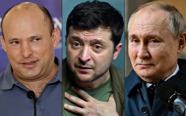 Từ trái sang: Cựu Thủ tướng Israel Naftali Bennett, Tổng thống Ukraine Volodymyr Zelensky, Tổng thống Nga Vladimir Putin. Ảnh: Getty