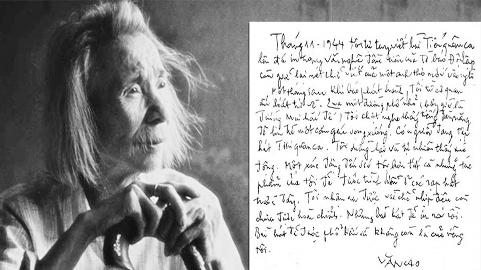 Bút tích của nhạc sĩ Văn Cao kể về bài hát “Tiến Quân ca” được in trên báo Độc Lập, xuất bản tháng 11/1944 Bút tích của nhạc sĩ Văn Cao kể về bài hát “Tiến Quân ca” được in trên báo Độc Lập, xuất bản tháng 11/1944