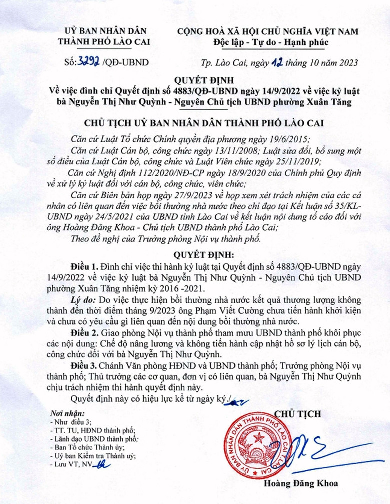 Quyết định đình chỉ việc thi hành kỷ luật đối với bà Nguyễn Thị Như Quỳnh.