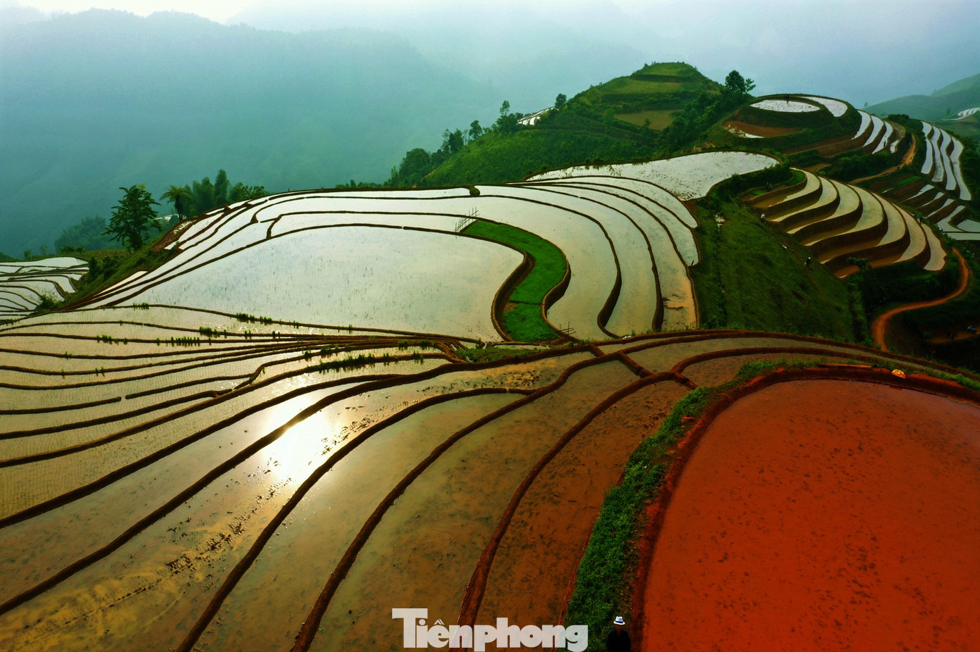 Trên những triền ruộng bậc thang đầy ắp nước từ những khe lạch nhỏ trên núi cao đổ về.