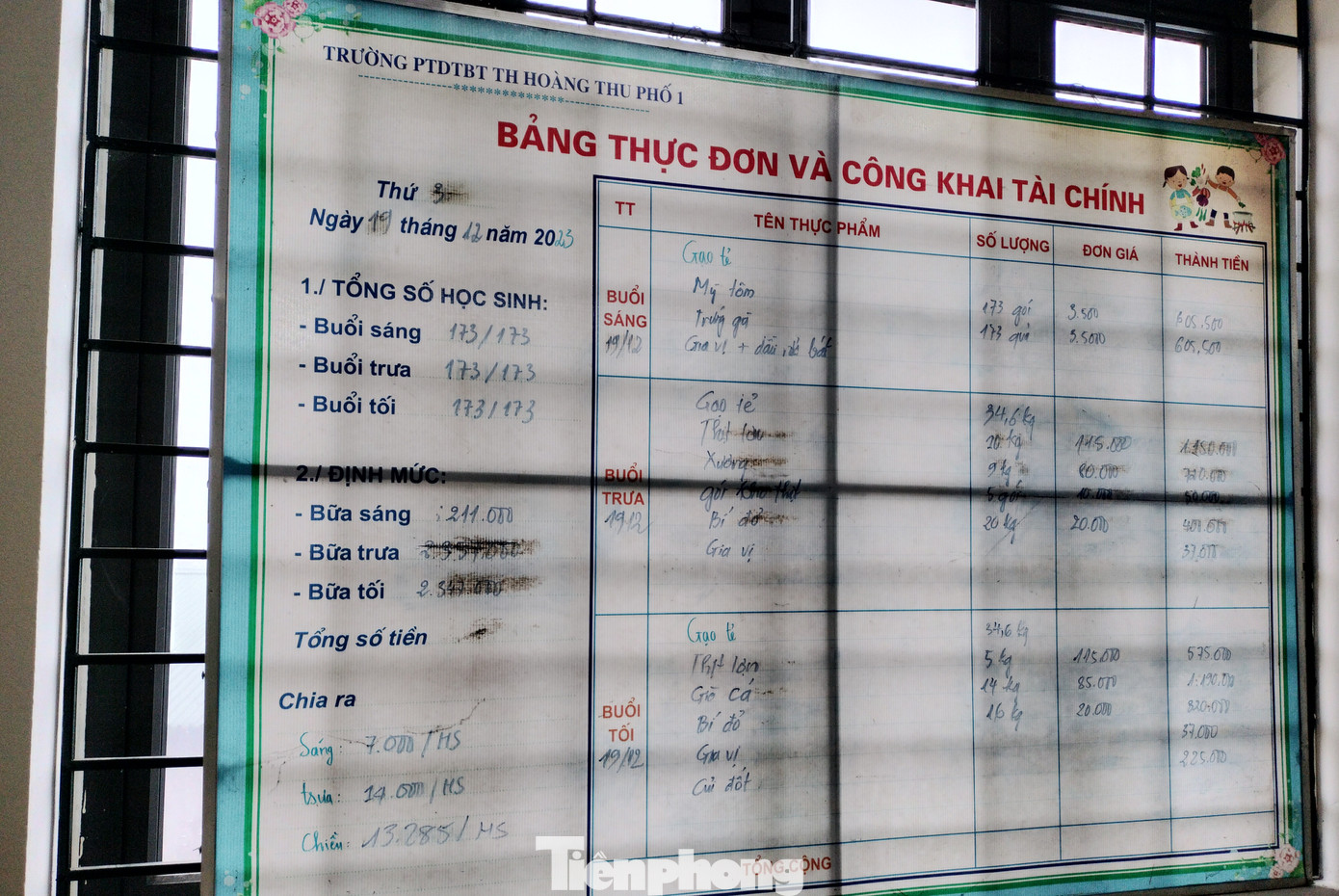 Ngay trước cửa phòng, bảng thực đơn và công khai tài chính liệt kê chi tiết từng món, từng bữa cùng với định lượng, số lượng.