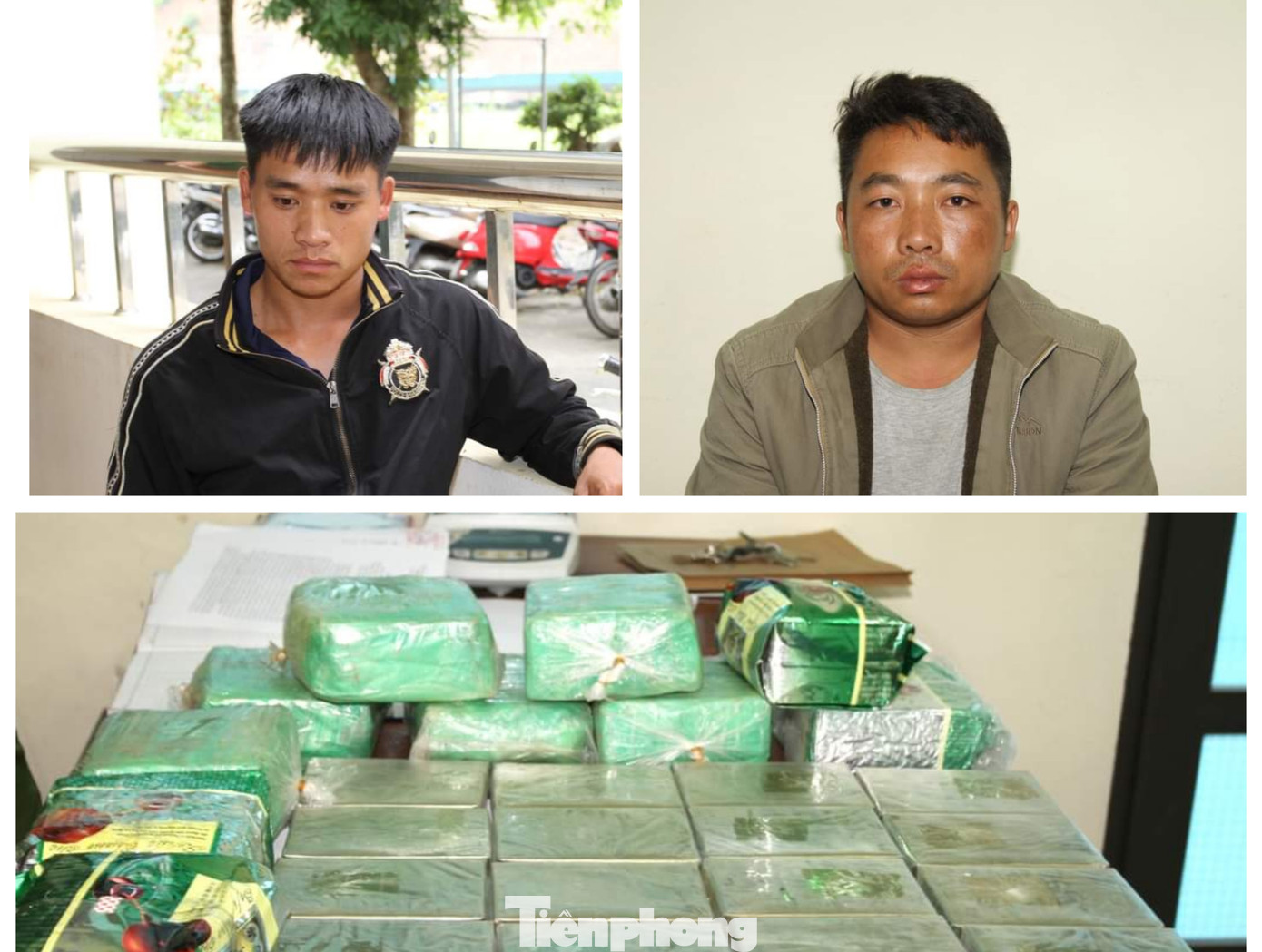 Đối tượng Sùng A Tủa (áo đen), Sùng A Co (áo xám) cùng tang vật tại cơ quan Công an.