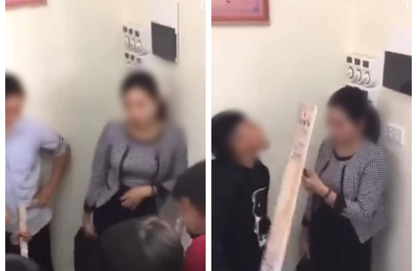 Hình ảnh học sinh vây quanh nữ giáo viên. Ảnh cắt từ clip.