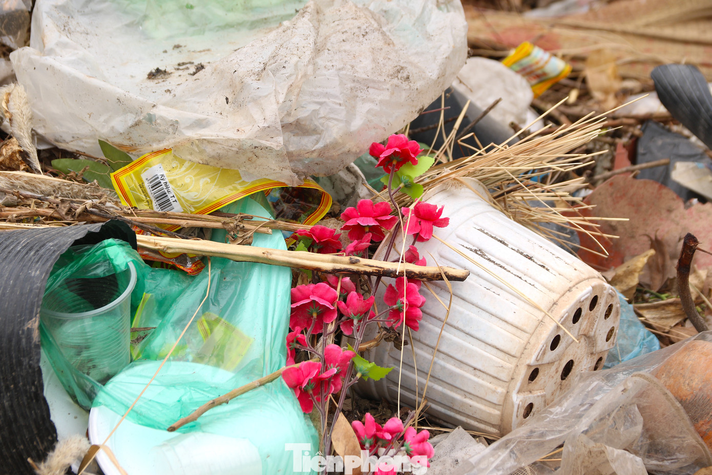 Rác thải sau Tết như hoa đào, quất... trạc thải xây dựng bị vứt ngổn ngang tại các bãi rác lộ thiên ven đường Phạm Tu.