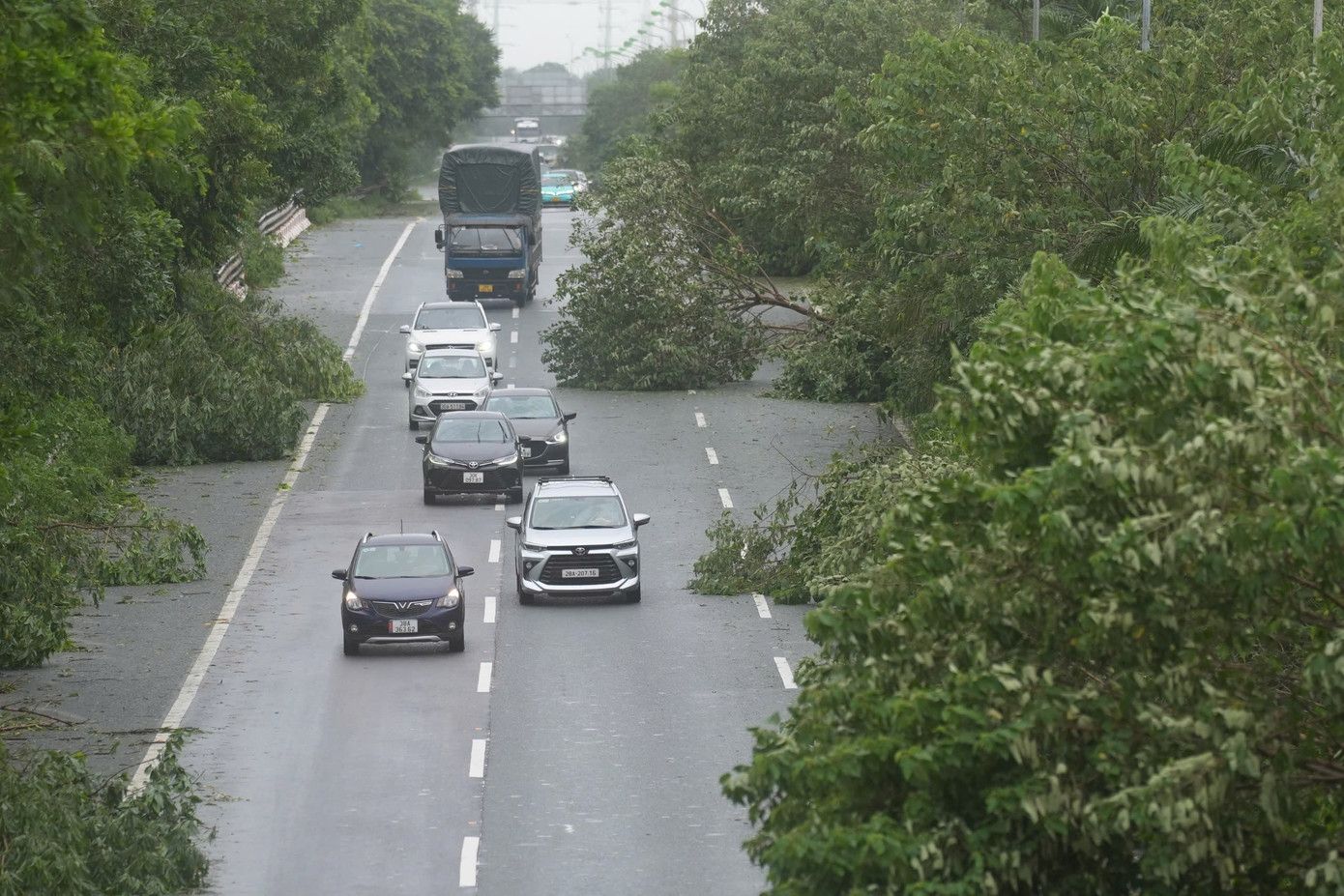 Trong tuyến cao tốc, các phương tiện đi qua khu vực cây gãy đổ đều phải giảm tốc độ, nối đuôi nhau di chuyển chậm.