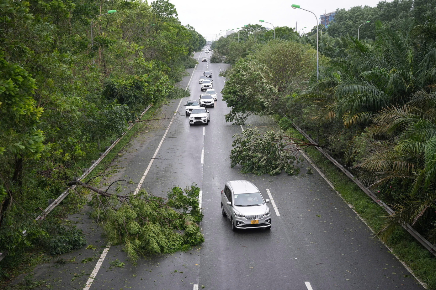 Cơn bão Yagi - được đánh giá mạnh nhất từ trước đến nay - đã đổ bộ vào Hà Nội từ chiều tối 7/9. Vốn là con đường có rất nhiều cây xanh tạo nên vẻ đẹp của cảnh quan, sau bão, hàng loạt cây xanh dọc tuyến Đại lộ Thăng Long đã bị gãy đổ.