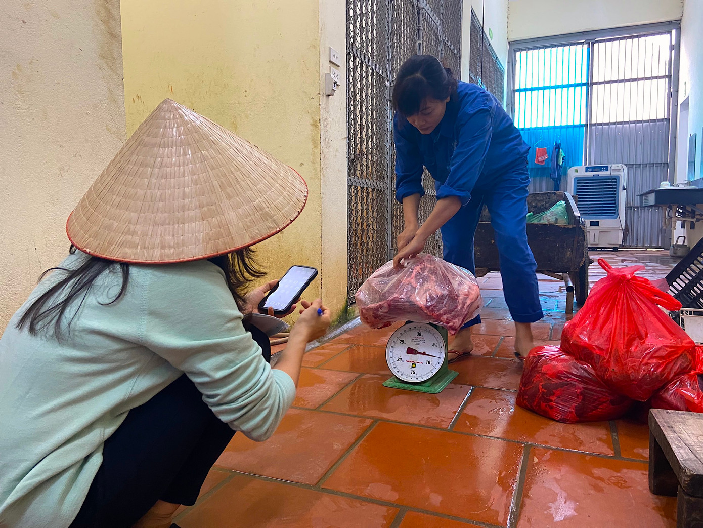 Cán bộ của Vườn thú Hà Nội cân đo, kiểm tra số lượng sườn lợn, thịt bò, gan lợn,.. theo thực đơn nhằm đảm bảo chế độ dinh dưỡng và bổ sung canxi cho từng cá thể hổ.