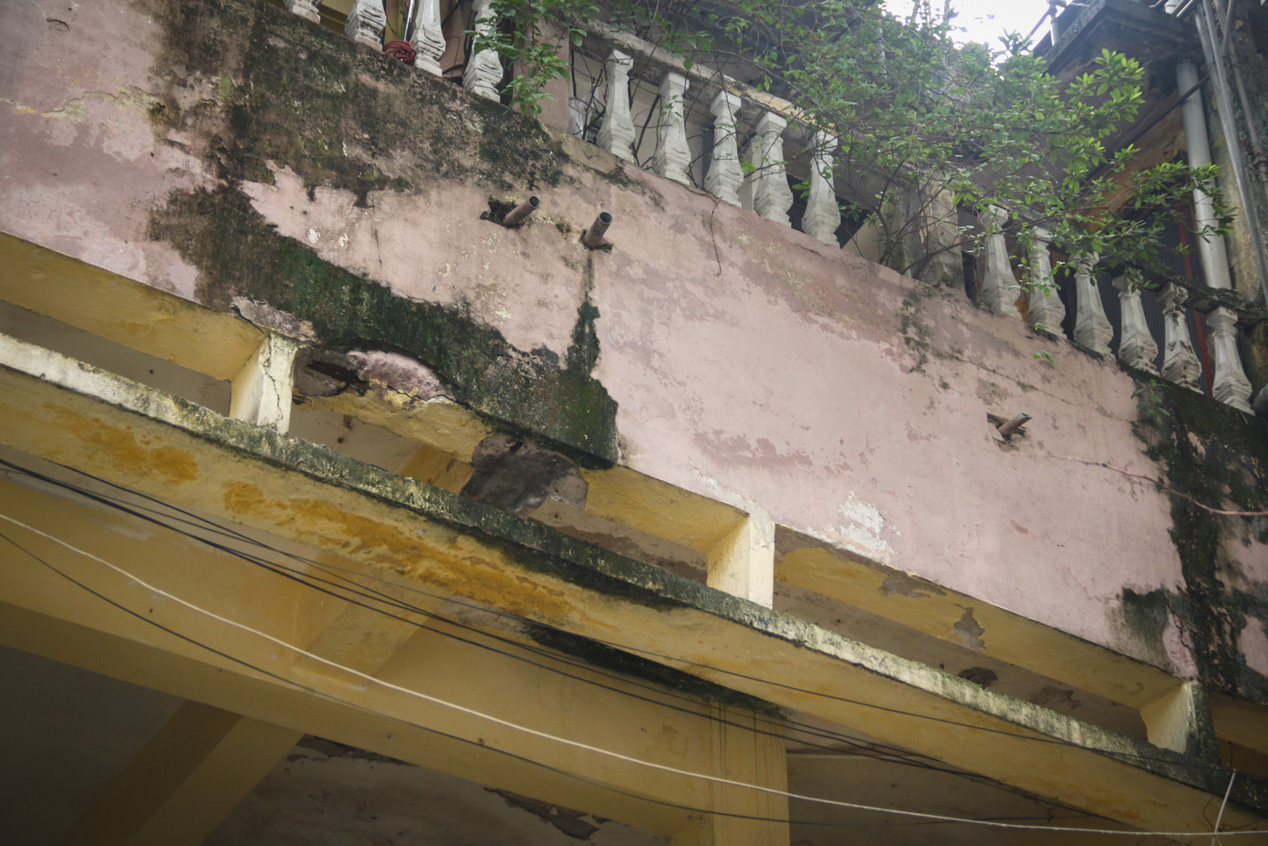 Do thời gian xây dựng lâu năm, các mảng tường trong khu tập thể đều bị bong tróc, rễ cây ăn vào tường trong khi sắt thép gia cố bị hoen gỉ từ lâu.