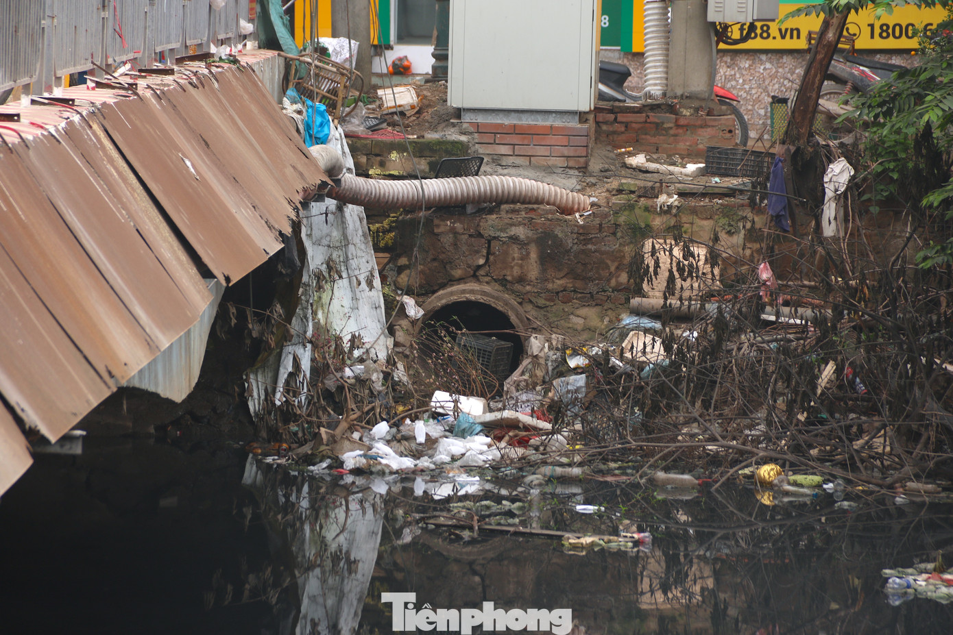 Rác thải "bịt kín" một cửa cống tại khu vực Dự án.