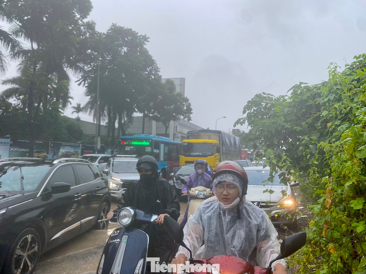 Đoạn ngập sâu nhất là hai bên đường gom khu vực cổng chào Thiên đường Bảo Sơn.