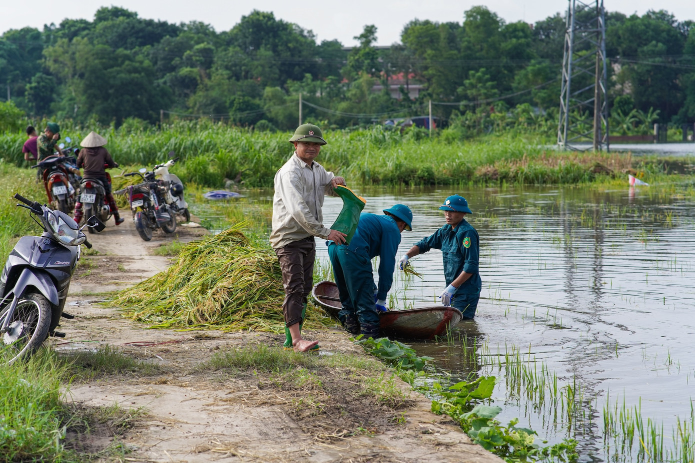 Tại xã Tiên Phong, Ba Vì, khu dân cư ven sông Hồng bị lũ dâng cao khiến một số khu vực nước đã ngập đến đường cái.