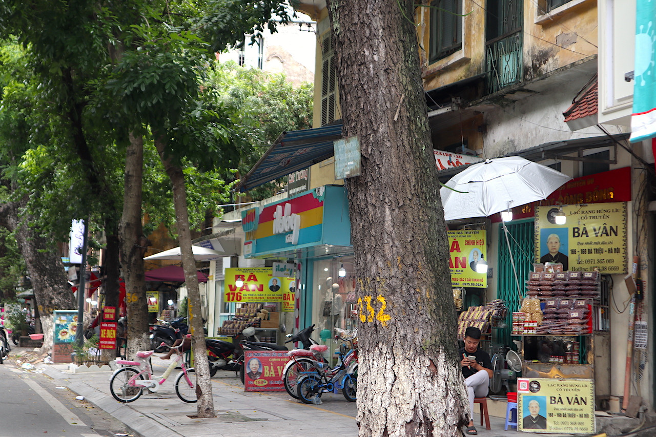 Nhiều cửa hiệu lạc rang húng lìu nối tiếp nhau trên đoạn phố Bà Triệu với cùng biển hiệu "Bà Vân" nhưng địa chỉ và ảnh chân dung khác nhau.