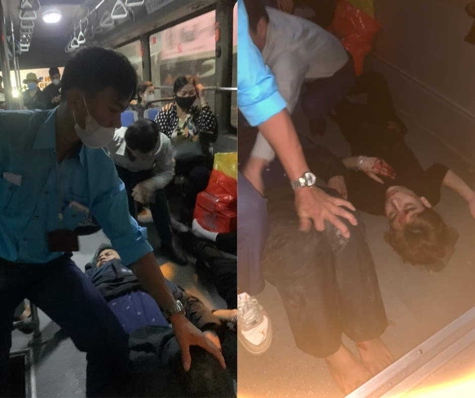 Nhân viên xe buýt thuộc Trung tâm Tân Đạt đưa người bị tai nạn giao thông lên xe buýt sơ cứu ban đầu.