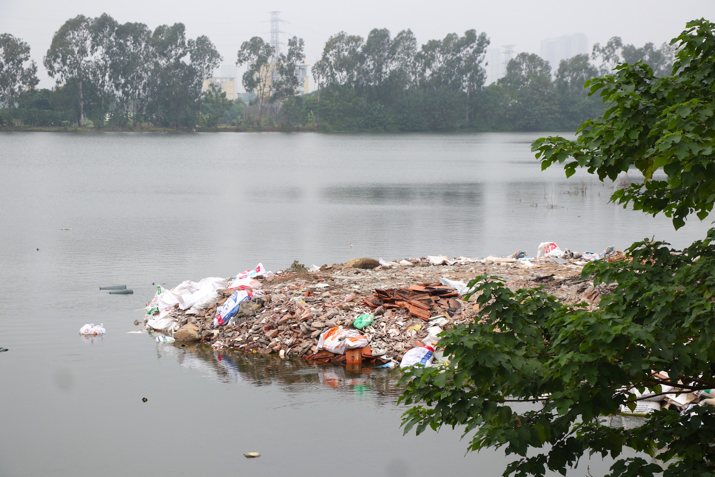 Nhiều diện tích ao hồ dọc con ngõ bị san lấp bởi những bao tải phế liệu.