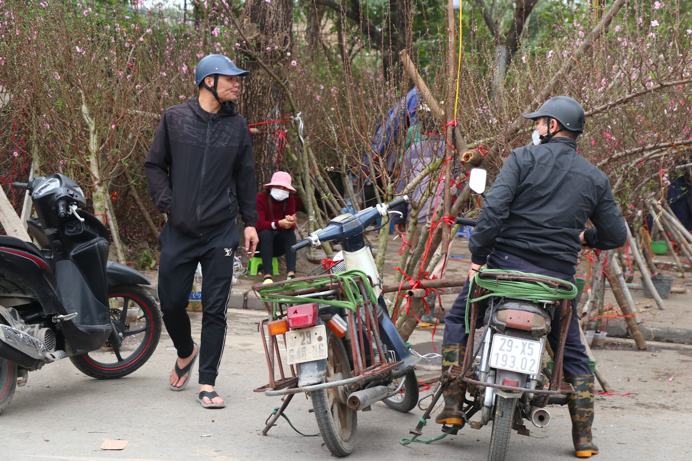 Những người chở đào, quất thuê ngồi đợi khách.