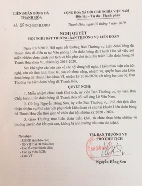 Miễn nhiệm Chủ tịch Liên đoàn Bóng đá Thanh Hóa ảnh 1