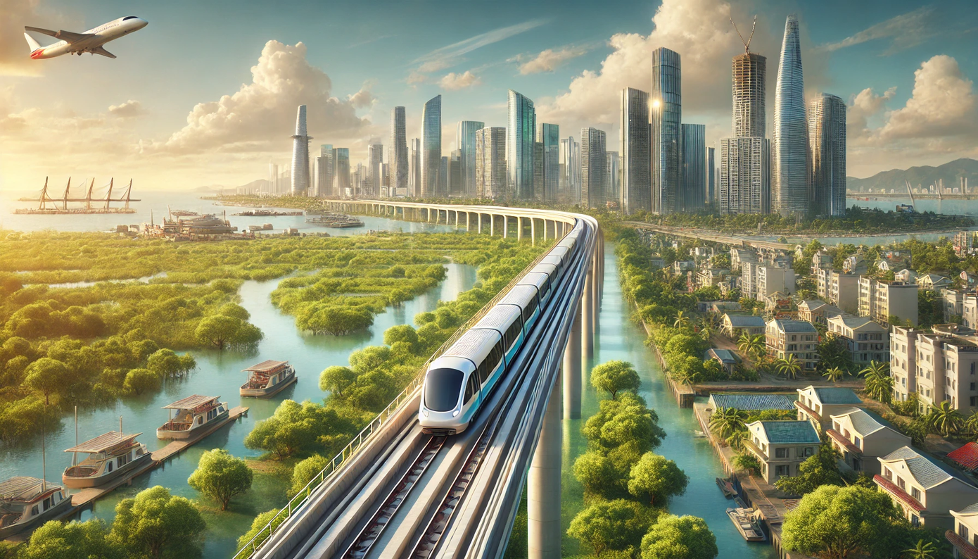 Hình ảnh minh họa về tuyến đường sắt đô thị kết nối trung tâm TPHCM với huyện Cần Giờ. Nguồn: ChatGPT