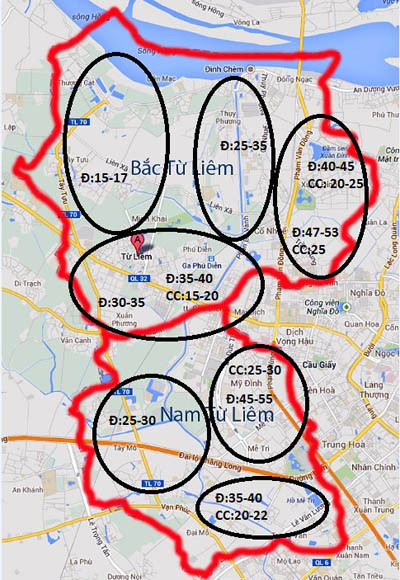 (Ghi chú: Đ - đất thổ cư triệu đồng/m2; CC -chung cư triệu đồng/m2 - Giá mang tính tham khảo ở mức trung bình). (Ghi chú: Đ - đất thổ cư triệu đồng/m2; CC -chung cư triệu đồng/m2 - Giá mang tính tham khảo ở mức trung bình)