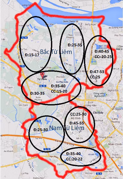 (Ghi chú: Đ - đất thổ cư triệu đồng/m2; CC -chung cư triệu đồng/m2 - Giá mang tính tham khảo ở mức trung bình)