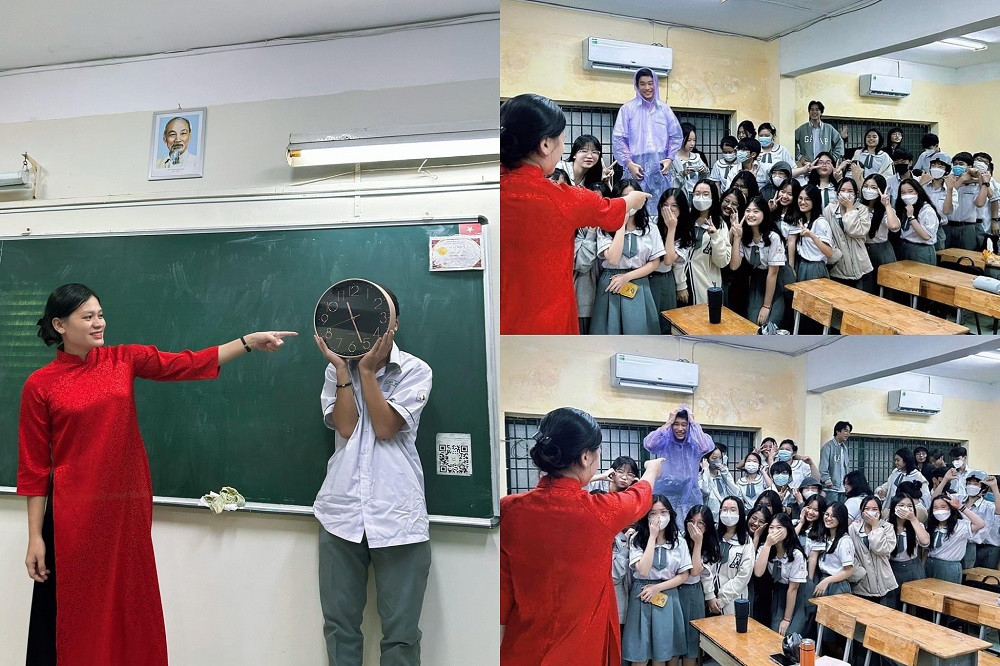 Bên cạnh tà áo dài đỏ nổi bật của cô giáo, nhân vật áo mưa tím của lớp 10A14 THPT Hùng Vương (TP.HCM) chắc sẽ được nhiều người xin info! Bên cạnh tà áo dài đỏ nổi bật của cô giáo, nhân vật áo mưa tím của lớp 10A14 THPT Hùng Vương (TP.HCM) chắc sẽ được nhiều người xin info!