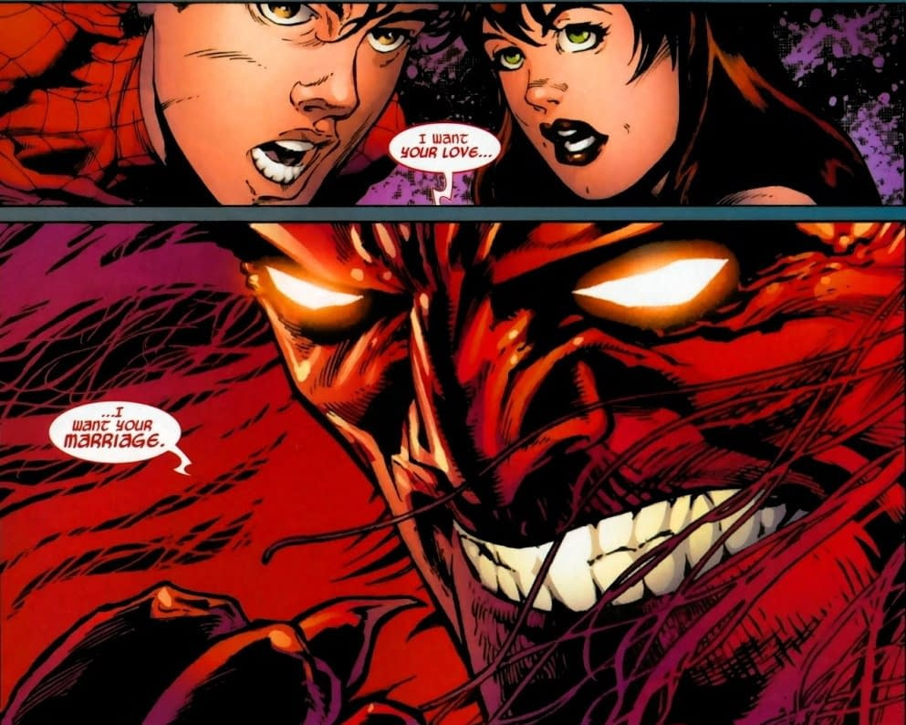 Một cảnh giữa Mephisto và Spider-Man trong truyện tranh.