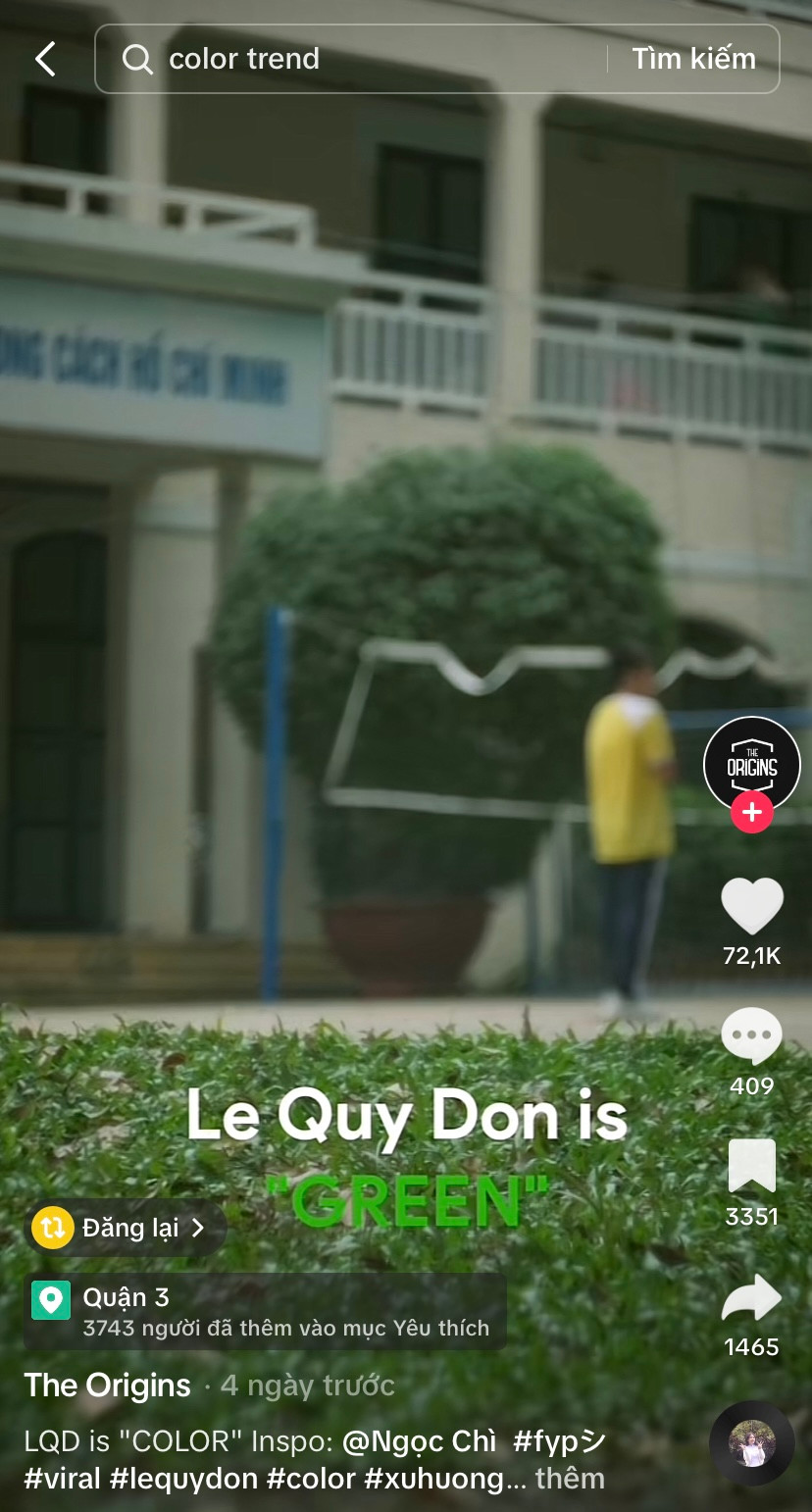 Video theo trend “color” của CLB The Origins (trường THPT Lê Quý Đôn, Q.3, TP.HCM). Video theo trend “color” của CLB The Origins (trường THPT Lê Quý Đôn, Q.3, TP.HCM).